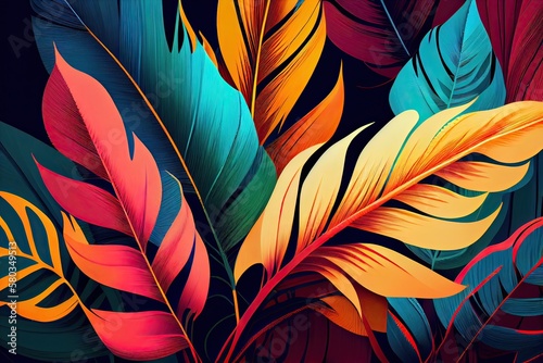 Trend seamless pattern with colorful tropical leaves and plants. illustration design. Jungle print. Floral background. Printing and textiles. Exotic tropics. Fresh design. Generative Ai