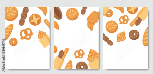 Banner or poster with bakery pastry products - rye, wheat and whole grain bread, french baguette, croissant, bagel, roll, donut, bun, loaf wicker bun flat illustration isolated on background