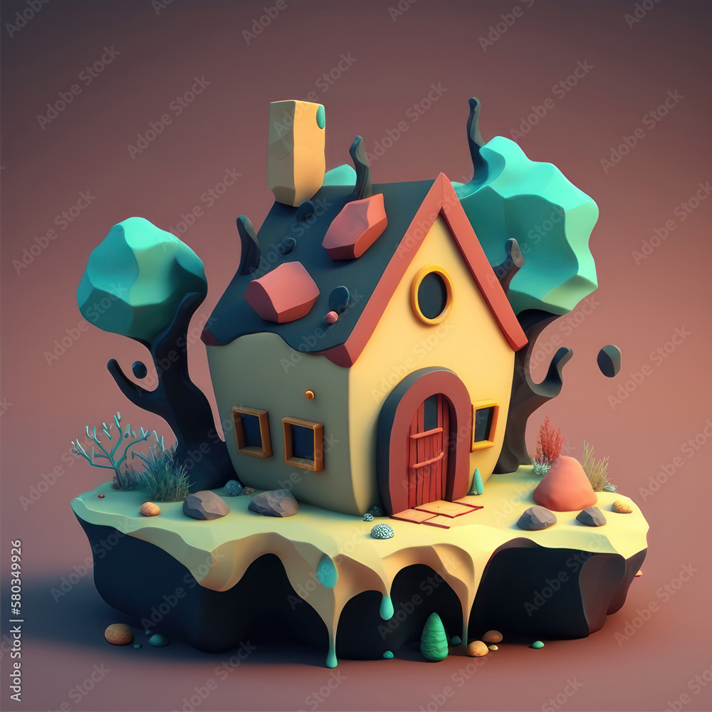 Cartoon house with trees, 3d. AI generative.