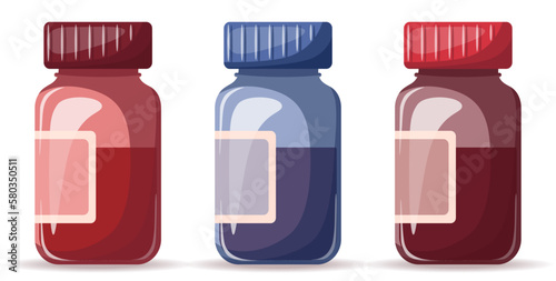 Jars of syrup. Medicine, pharmacy and healthcare concept. Isolated vector illustration for flyer, poster, banner.