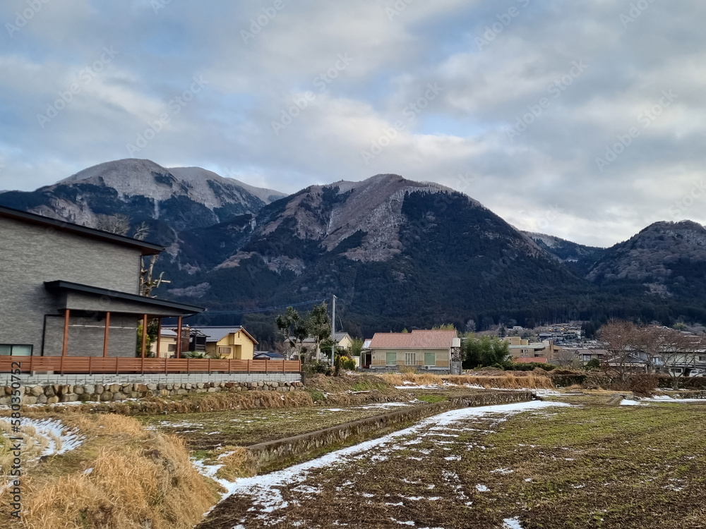 View of landscape Yufuin village in the winter after snow fall View of landscape Yufuin village in the winter after snow fall