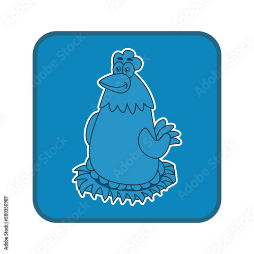 Blue laying hen in a rectangular panel on a white background