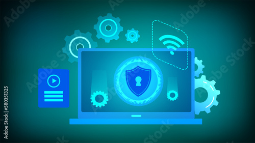 Security Awareness, Cyber technology security, Blue abstract hi speed internet technology, network protection background design, vector illustration. 