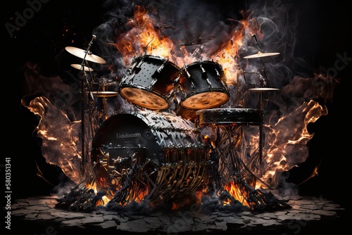 Heavy metal drums blazing like the fires of hell, lightning crackling with each thunderous beat. The drummer's passion and power are evident, unleashing a sonic assault, generative ai