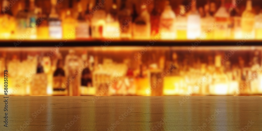 Empty wooden table top with out of focus lights bokeh restaurant or bar background