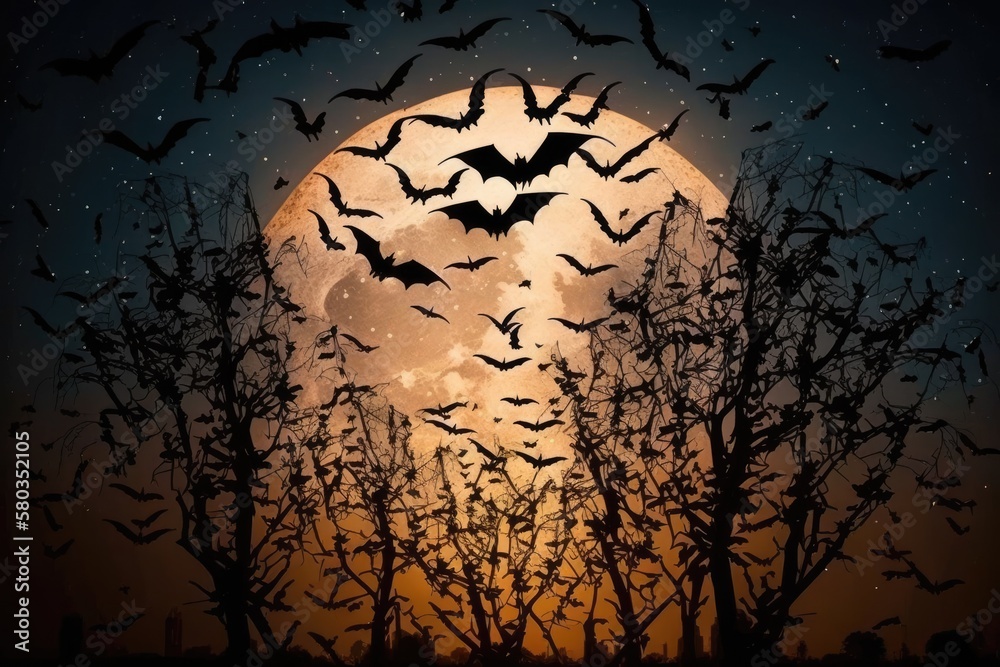 Over a full moon, bats may be seen flying in silhouette. Generative AI