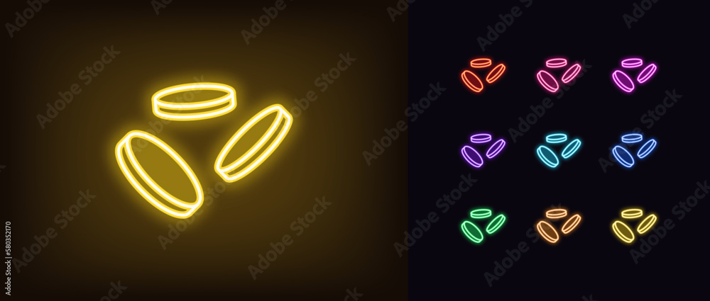 Outline neon coins fly icon set. Glowing neon falling coins sign, golden money drop pictogram. Flying gold coins, cryptocurrency and altcoins, currency and credits, jackpot and prize. - obrazy, fototapety, plakaty 