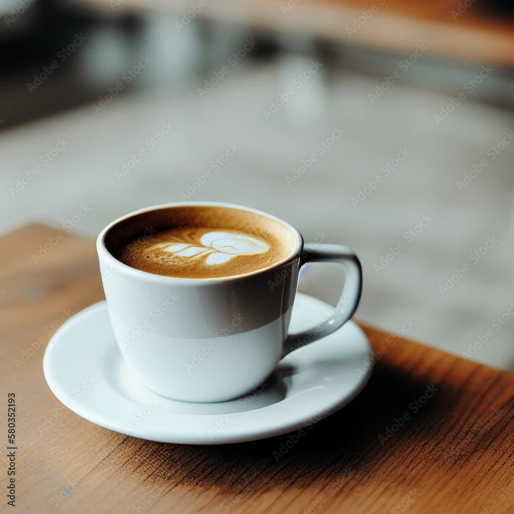 A cup of coffee is served in a white cup in a cafe. Served on the table. Bright light in the cafe.
A cup of coffee is served in a white cup in a cafe. Served on the table. Bright light in the cafe.