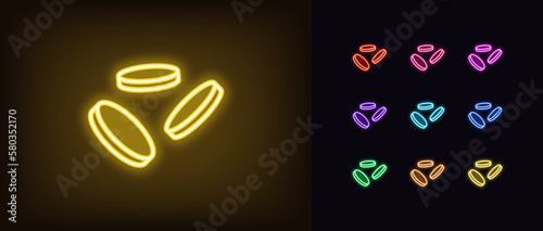 Outline neon coins fly icon set. Glowing neon falling coins sign, golden money drop pictogram. Flying gold coins, cryptocurrency and altcoins, currency and credits, jackpot and prize.