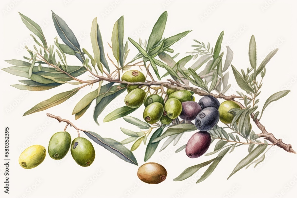 Olive tree corners hand drawn watercolor painting of green olives from ...