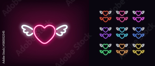 Outline neon flying heart icon set. Glowing neon heart with wings, love flight pictogram. Cartoon angel heart, cute flying love with wings, romantic feeling, love paradise, passion flight.
