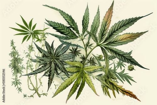 marijuana plant cannabis sativa's leaves, buds, and flowers. Generative AI © AkuAku