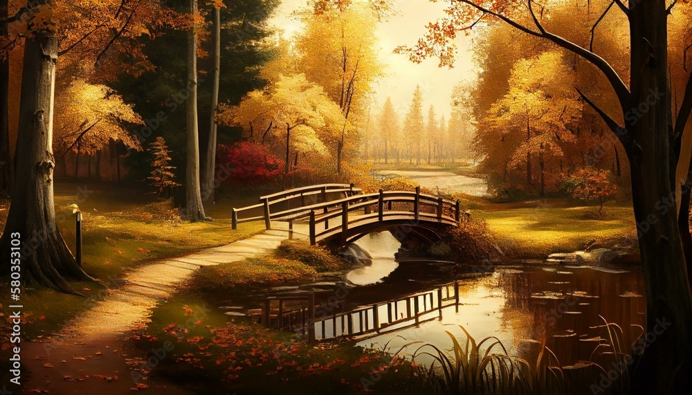 A peaceful, autumnal park with golden leaves on the trees and a small bridge over a stream. Generative AI