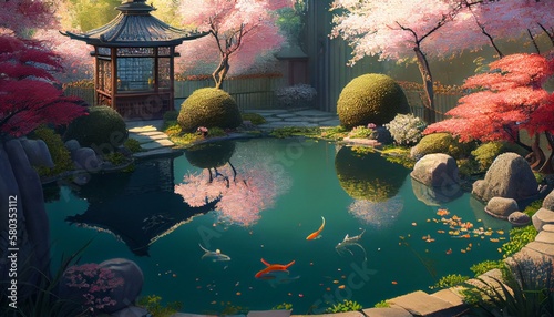A tranquil garden with a koi pond, cherry blossom trees, and intricate topiary. Generative AI