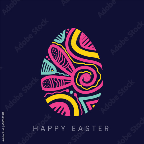 Easter eggs doddle art style Vector Illustration. Happy easter logo with a colorful egg on a dark background.