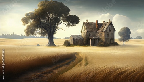 A peaceful countryside with a rustic farmhouse and fields of wheat. Generative AI