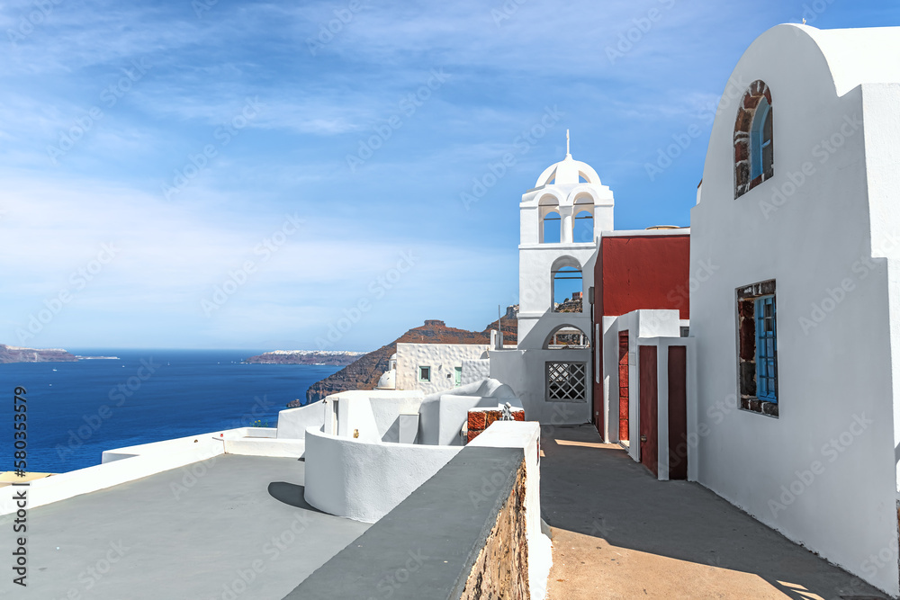 Traditional Greek architecture, white church in the city of Thira on the island of Santorini. Greece.