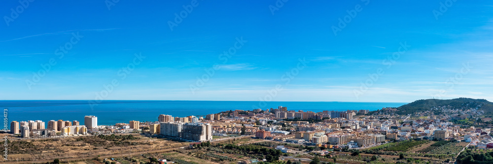 Stunning Aerial Panorama of Sunny Oropesa del Mar, Spain: Mediterranean Coastline and Beach Townscape