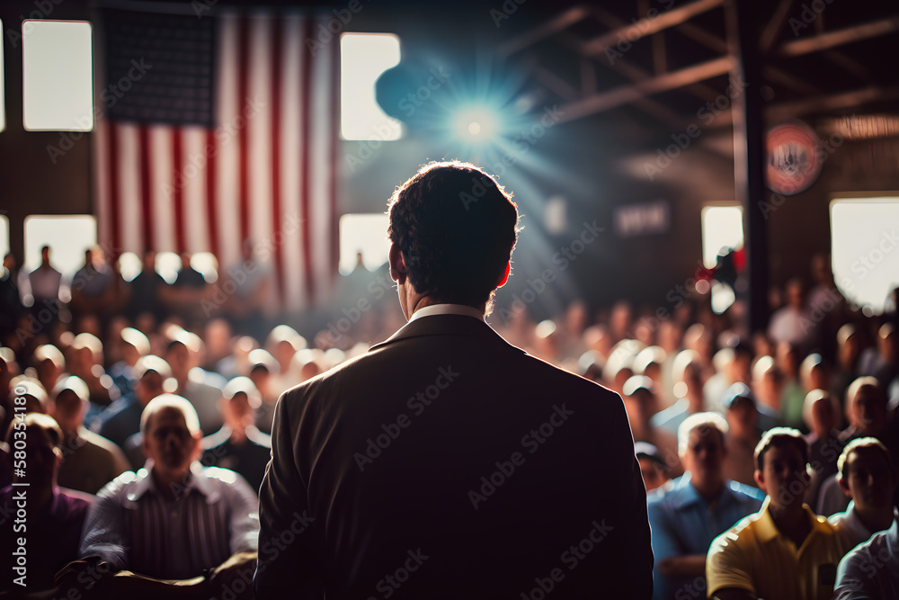 Presidential candidate speaks stage rostrum, agitating to vote for team, crowd voters against backdrop United States of America flags. Election campaign ahead elections authorities. Generative AI - obrazy, fototapety, plakaty 