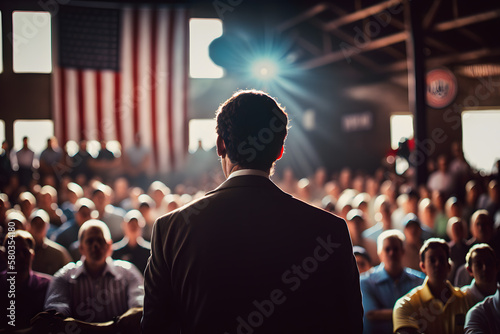 Presidential candidate speaks stage rostrum, agitating to vote for team, crowd voters against backdrop United States of America flags. Election campaign ahead elections authorities. Generative AI photo