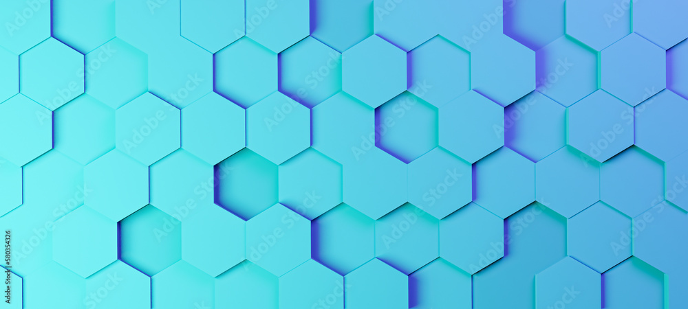 Hexagonal background with turquoise blue hexagons, abstract futuristic geometric backdrop or wallpaper with copy space for text