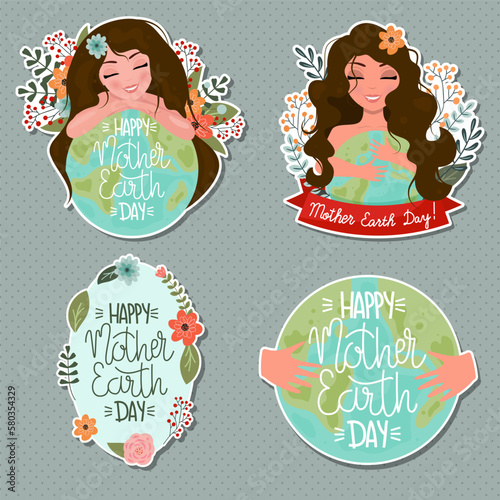 Mother earth as ecological ecological and green planet. Protection and protection of the earth. Ecosystem climate awareness. Stickers set.
