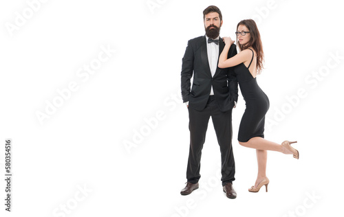 Woman attractive sexy female attract attention of bearded gentleman. Bearded man in tuxedo and playful girl. Art of flirt. Pick up and flirt concept. Perfect flirt at party or event. Flirting lady