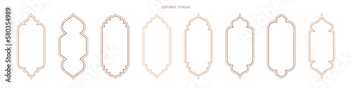 Islamic vector shape of a window or door arch. Arab frame set. Ramadan kareem editable outline icon. Mosque gate. Islamic arabesque pattern. Arabian muslim shape arch