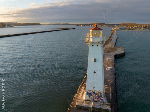 Early winter morning aerial photo of Sodus Point Lighthouse, Sodus, New York. 