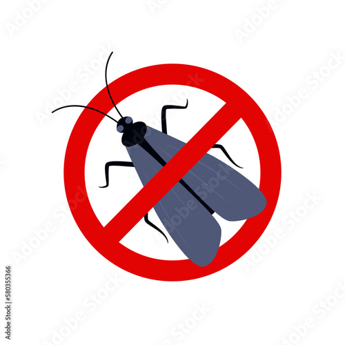Anti moth, pest control. Stop insects sign. Silhouette of moth in red forbidding circle, vector illsutration. No moth insects sign. Vector illustration.