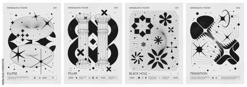 Futuristic retro vector minimalistic Posters with strange wireframes graphic assets of geometrical shapes modern design inspired by brutalism and silhouette basic figures, set 13 - obrazy, fototapety, plakaty 