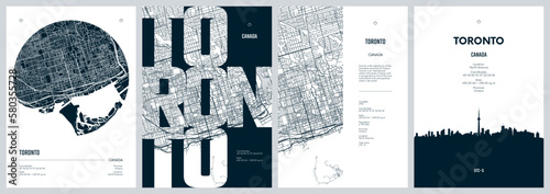 Set of travel posters with Toronto, detailed urban street plan city map, Silhouette city skyline, vector artwork