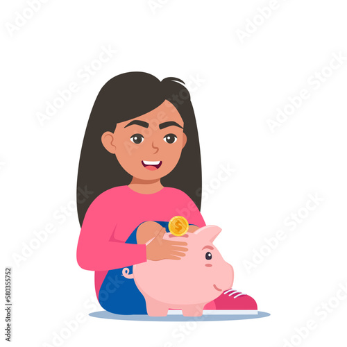 Happy girl kid putting a gold coin into a piggy bank. Money saving, economy. Vector illustration.