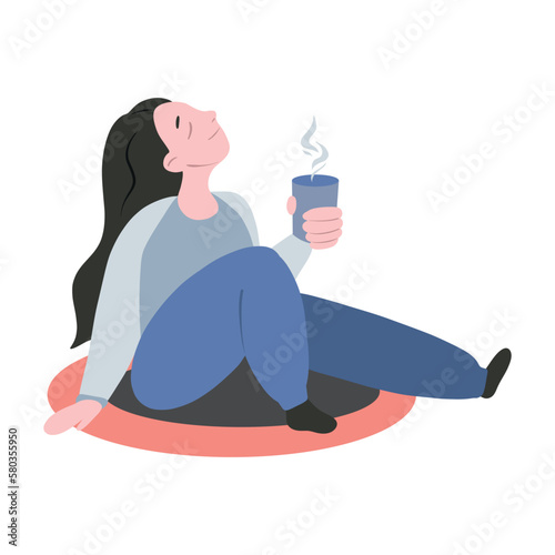 A girl is drinking tea on a rug. Portrait of a character on a rug, observation, meditation, vacationers. Flat vector illustration isolated on a white background.