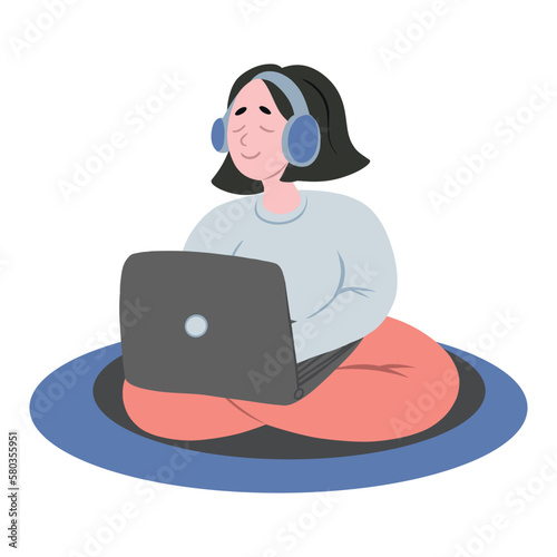 The girl is working in a laptop on a mat with headphones . Portrait of a character on a rug, observation, meditation, vacationers. Flat vector illustration isolated on a white background.