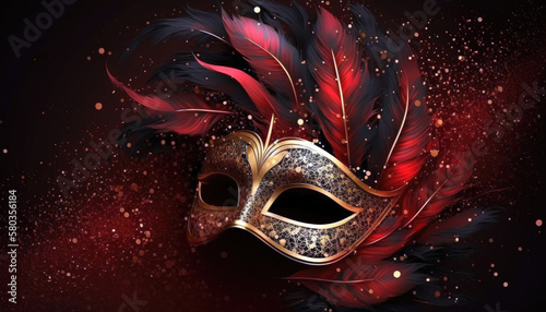 Luxurious Carnival Mask: Realistic Design with Ornate Red Feathers and Gold Accents (created with Generative AI) © AstralAngel