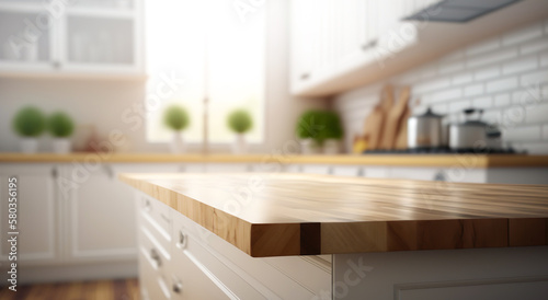 Selective focus.Wood table top counter island and blur kitchen room background.ai generated images