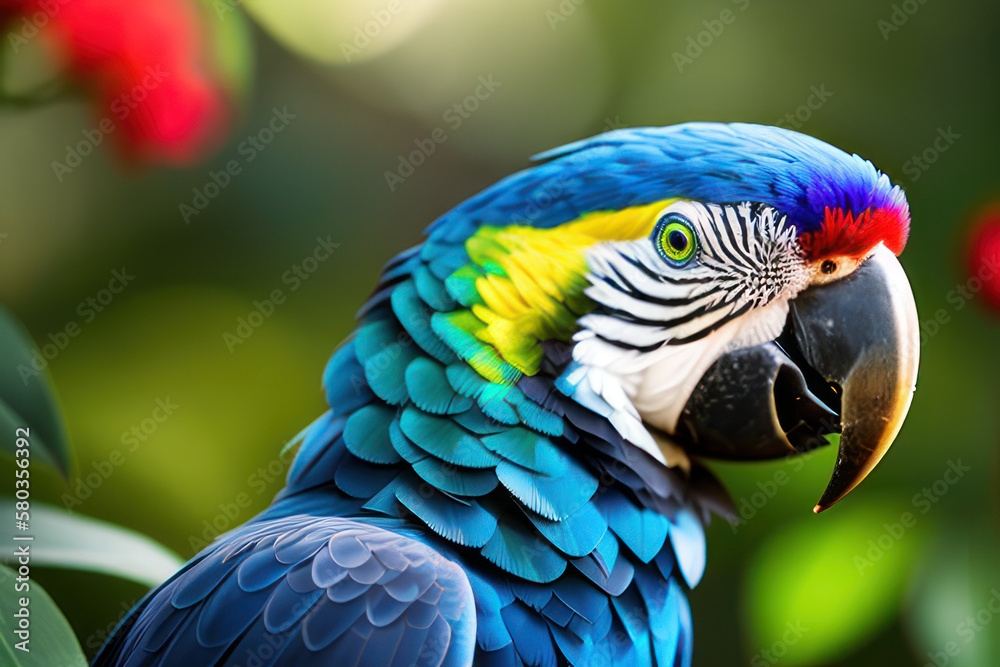 Obraz premium Ara parrot in the treetops in a tropical rainforest. Comforting atmosphere Sunlight lighting.Romantic atmosphere, bright flowers and leaves, exotic plants, vines.