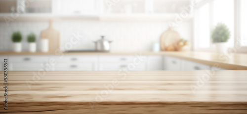 Selective focus.Wood table top counter island and blur kitchen room background.ai generated images