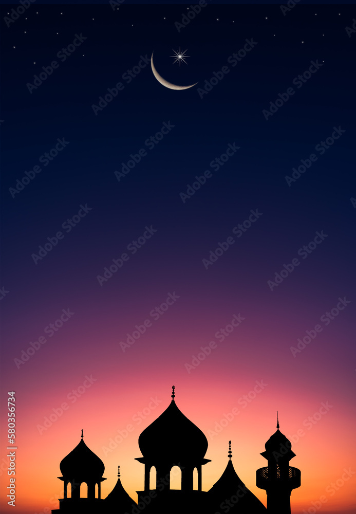 Silhouette dome mosques on dusk sky twilight with crescent moon vertical religion of Islamic well space for text Ramadan Kareem, Eid Al Fitr, Eid Al Adha, Eid Mubarak, Muharram 