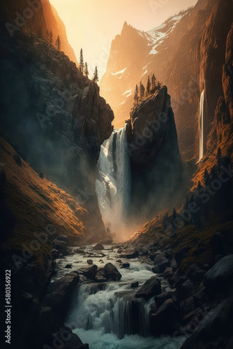 Generative AI illustration image of stunning high waterfall cascading down mountian in stunning valley landscape during golden hour