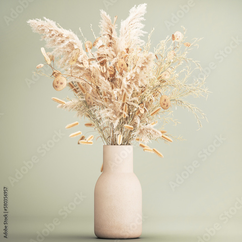 3D illustration Bouquet of dried flowers in a vase of pampas grass branches reeds