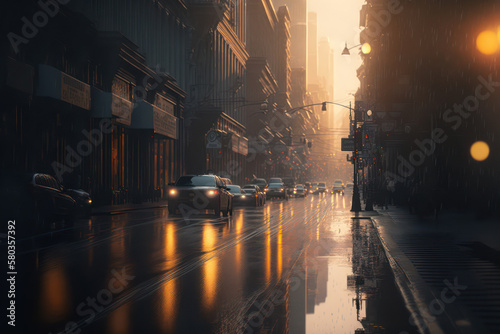 Generative AI illustration image of stunning golden sunshine in the city during heavy rain with lovely reflections in the wet streets © veneratio