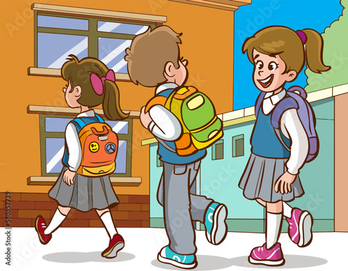 children going to school cartoon vector