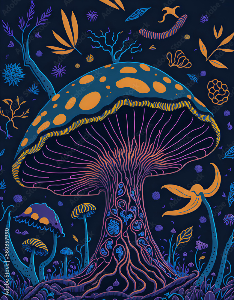 ilustracion psicodelica de hongos con colores neones y oscuros