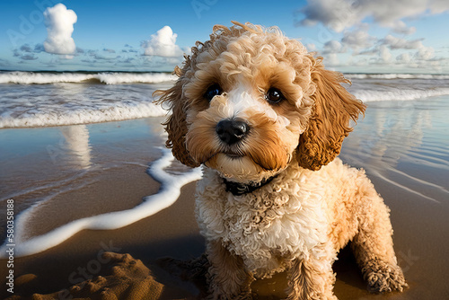 Cute cockapoo dog at the beach AI generative 