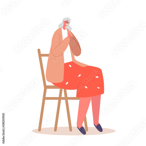 Elderly Female Character Sit on Chair In A State Of Deep Catholic Prayer With Clasped Hands Radiate Religious Sense