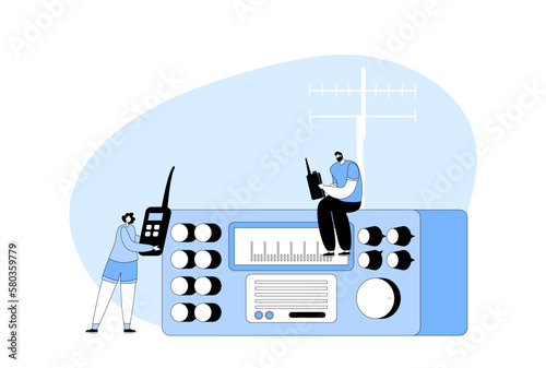 People Use Radio Technologies Concept. Radio Amateurs Male And Female Characters Communicate With Portable Walkie Talkie