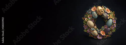 Easter Concept with Colorful Eggs and Flowers in a Frame.