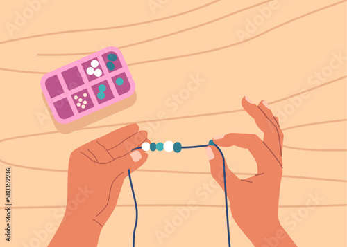 Top View Of Hands Stringing Beads On A String, Creating A Colorful And Intricate Pattern. Jewelry-making, Crafting Class